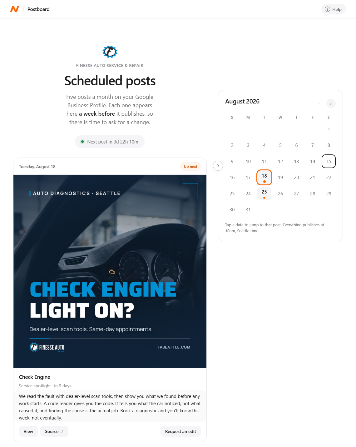The Postboard: scheduled Google posts with a calendar and request-an-edit button