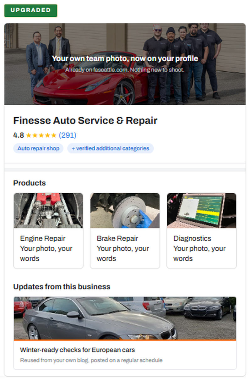 The same profile rebuilt, with products, updates and verified categories