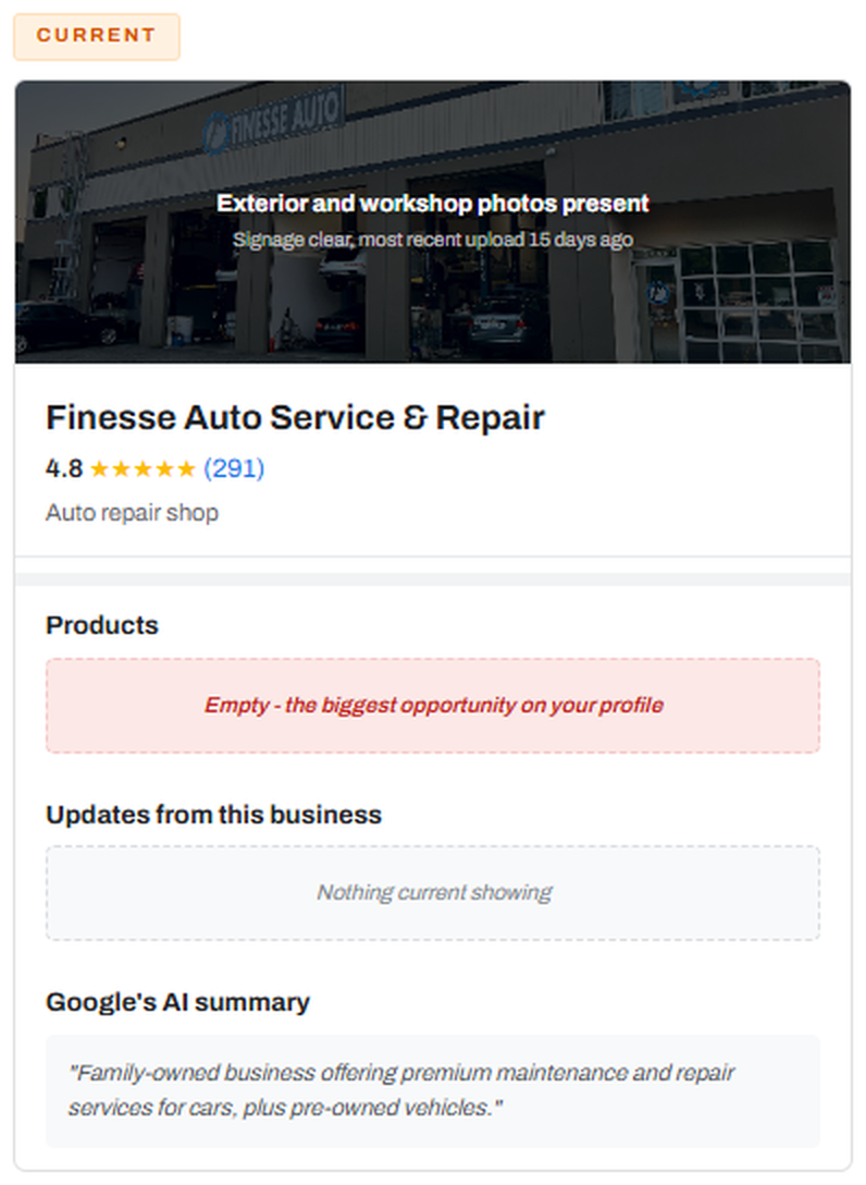 The Google Business Profile before the rebuild, with an empty Products section